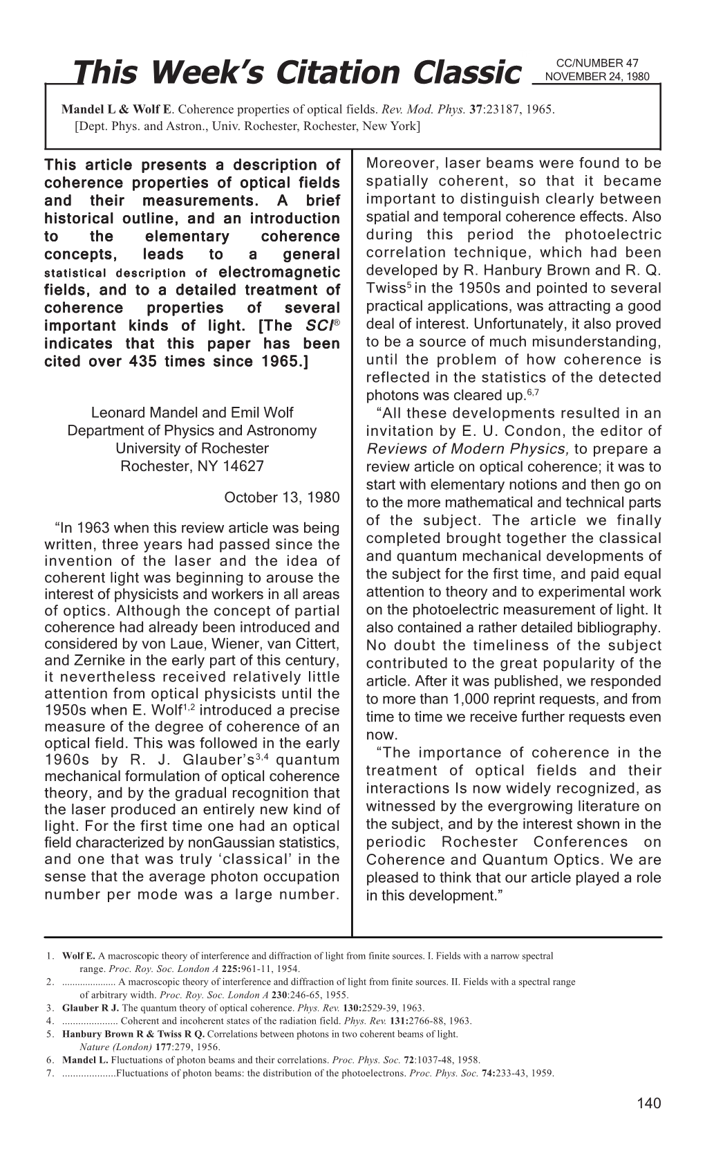 Mandel L & Wolf E. Coherence Properties of Optical Fields. Rev