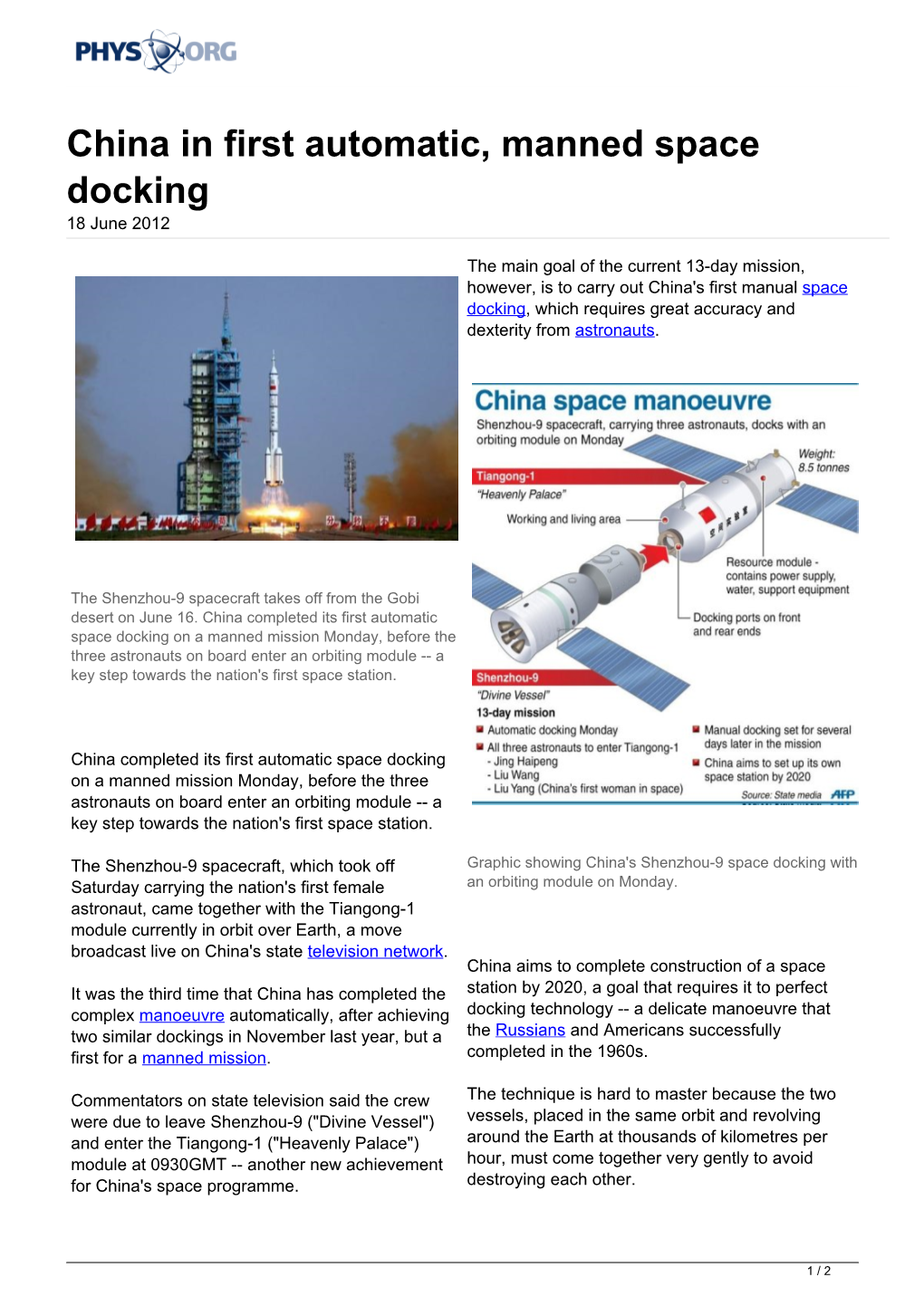 China in First Automatic, Manned Space Docking 18 June 2012