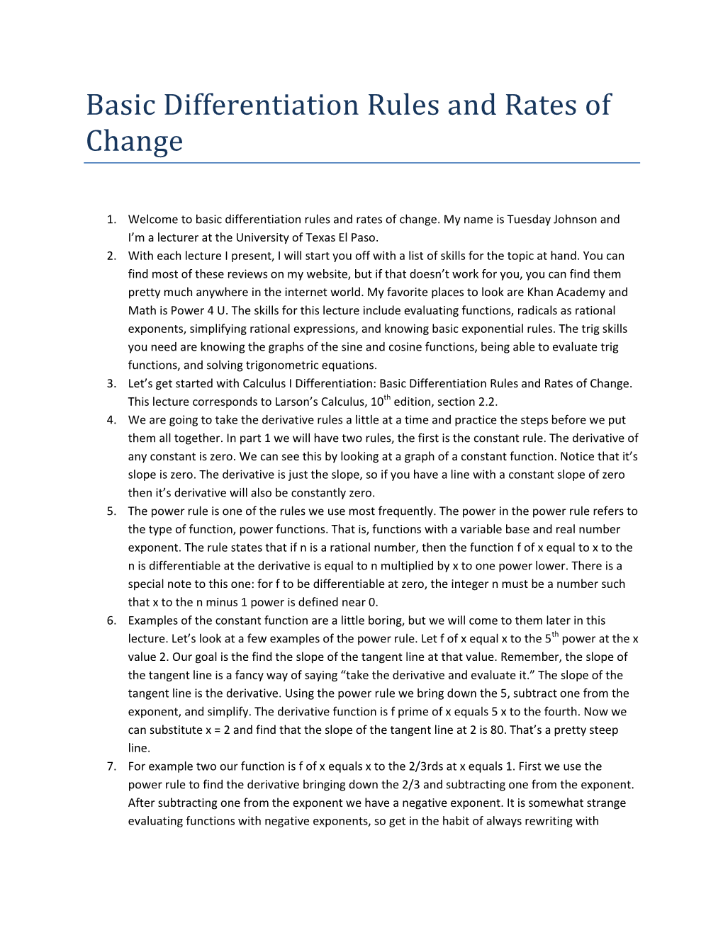 Basic Differentiation Rules and Rates of Change