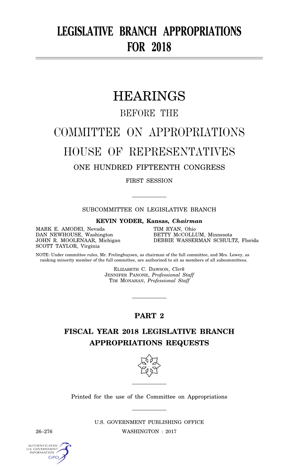 Legislative Branch Appropriations for 2018