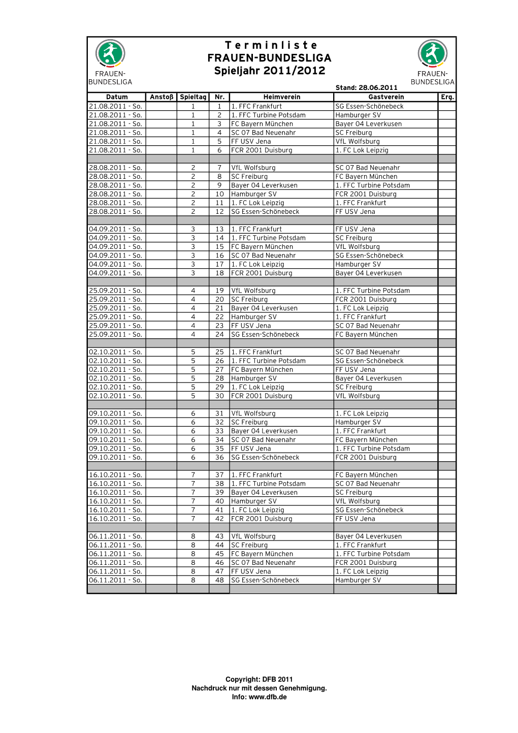 Offizieller Spielplan FBL 2011-2012 Ohne Anstoßzeiten