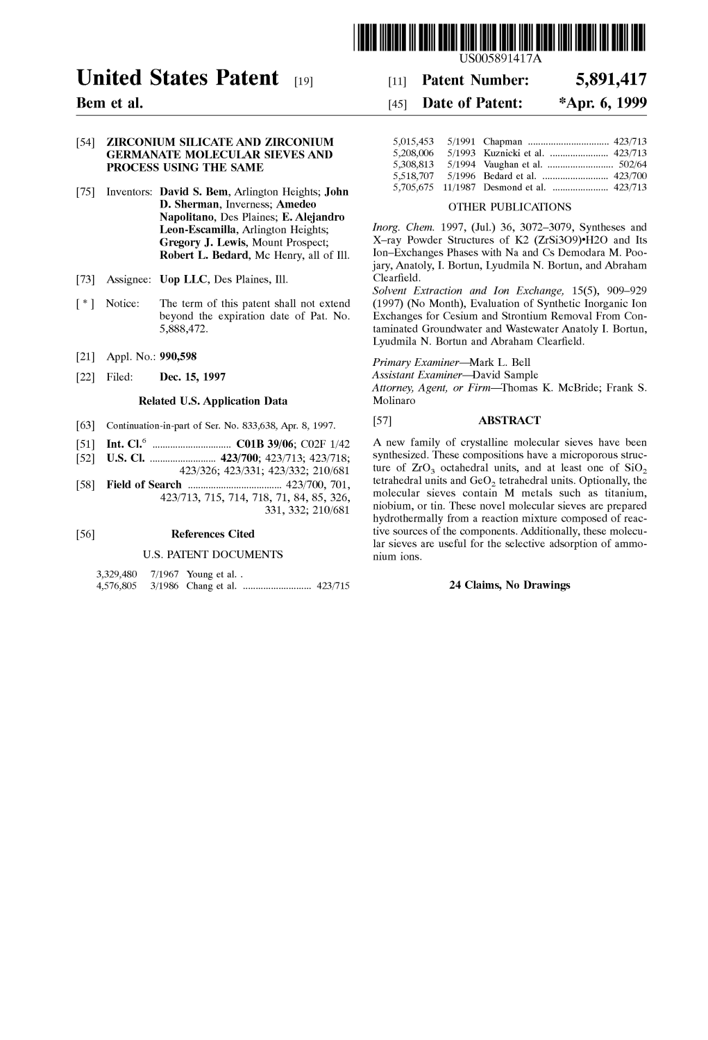 United States Patent (19) 11 Patent Number: 5,891,417 Bem Et Al