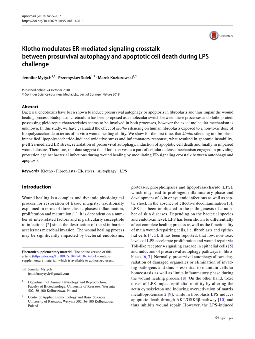 Klotho Modulates ER-Mediated Signaling Crosstalk Between Prosurvival Autophagy and Apoptotic Cell Death During LPS Challenge