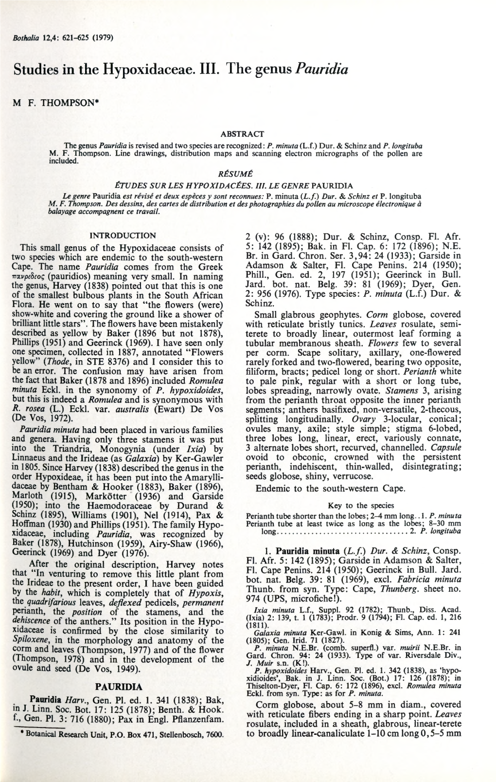 Studies in the Hypoxidaceae. III. the Genus Pauridia