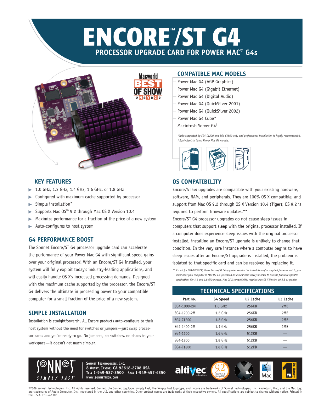 ENCORE™/ST G4 PROCESSOR UPGRADE CARD for POWER MAC® G4s