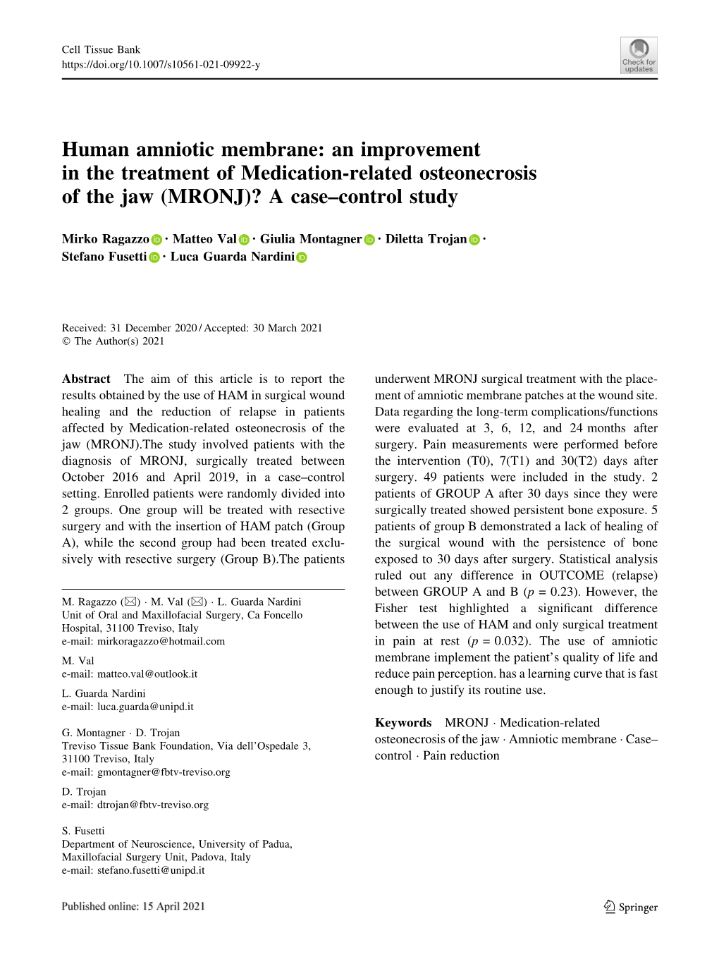 Human Amniotic Membrane: an Improvement in the Treatment of Medication-Related Osteonecrosis of the Jaw (MRONJ)? a Case–Control Study