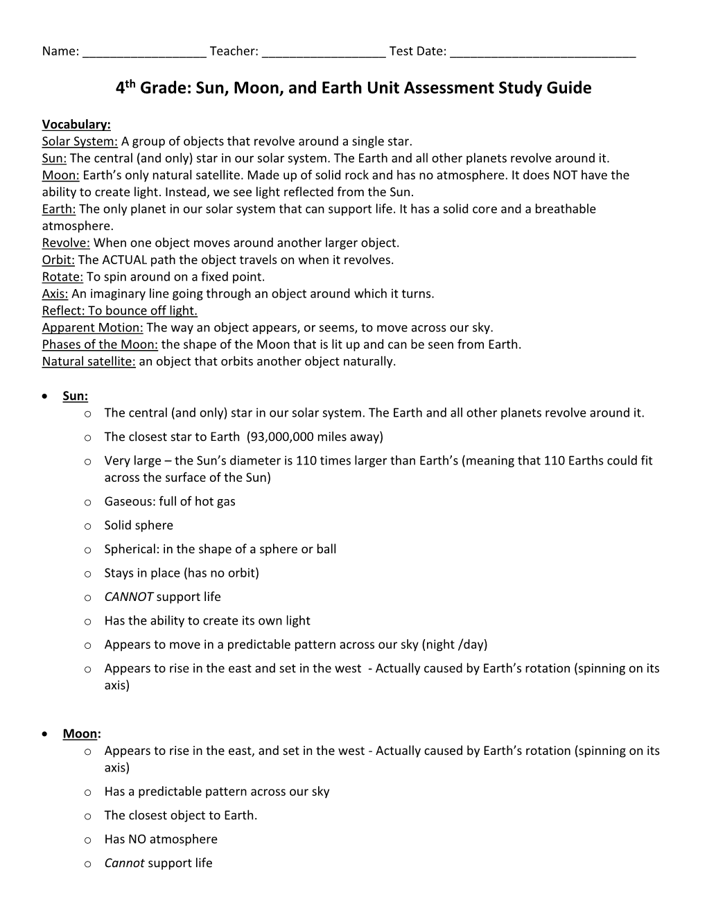 4Th Grade: Sun, Moon, and Earth Unit Assessment Study Guide