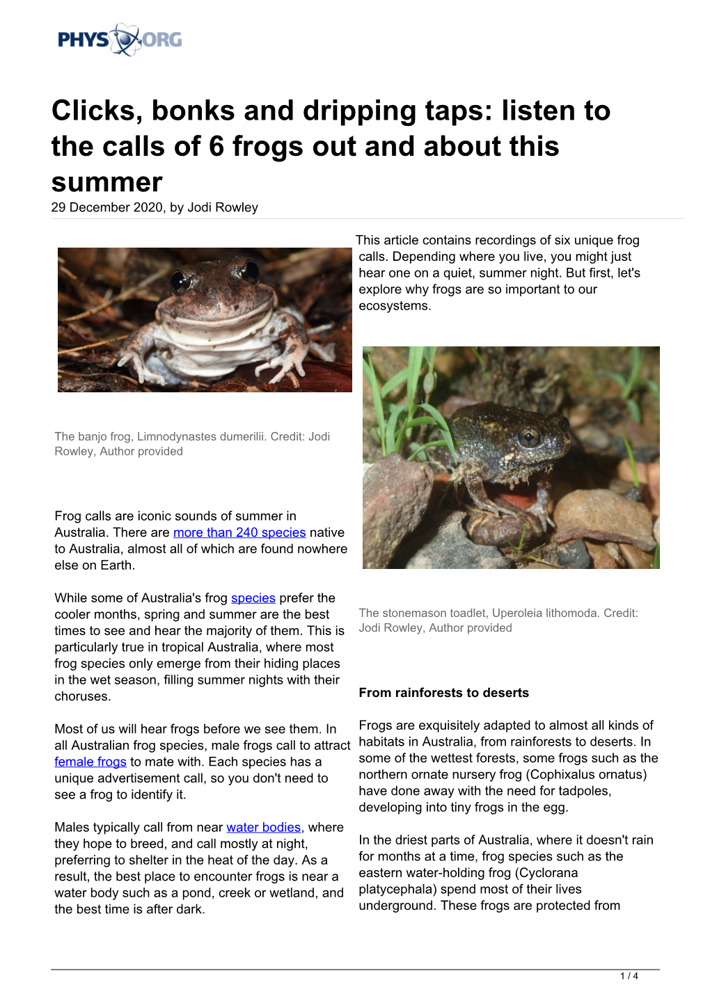 Clicks, Bonks and Dripping Taps: Listen to the Calls of 6 Frogs out and About This Summer 29 December 2020, by Jodi Rowley