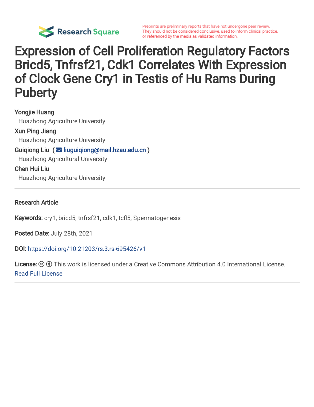 Expression of Cell Proliferation Regulatory Factors Bricd5, Tnfrsf21, Cdk1 Correlates with Expression of Clock Gene Cry1 in Testis of Hu Rams During Puberty