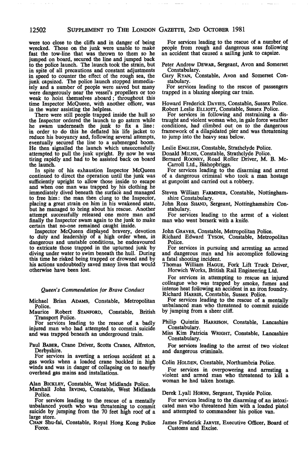 SUPPLEMENT to the LONDON GAZETTE, 2ND OCTOBER 1981 Were Too Close to the Cliffs and in Danger of Being for Services Leading to the Rescue of a Number of Wrecked