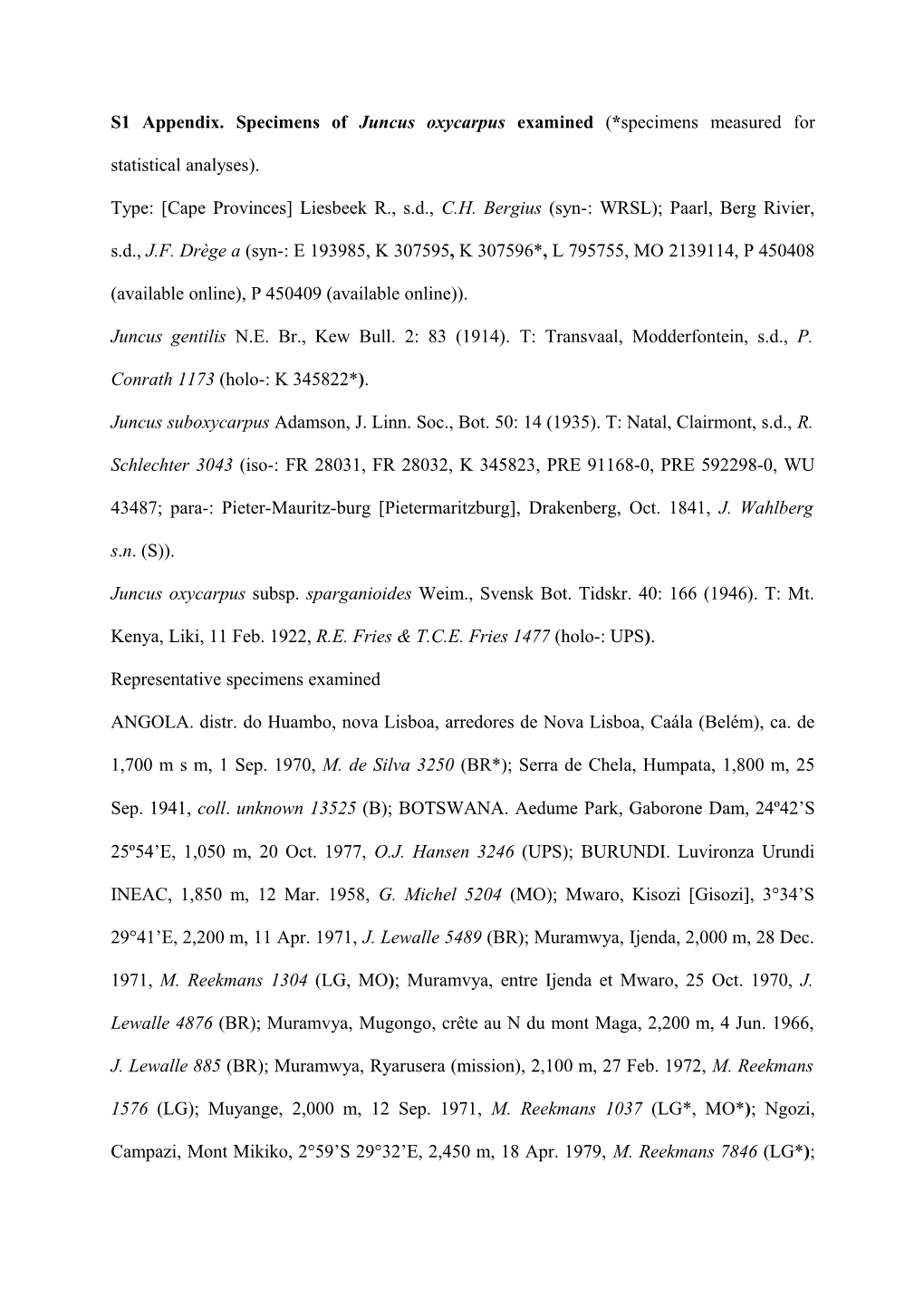 S1 Appendix. Specimens of Juncus Oxycarpus Examined (* Specimens Measured for Statistical