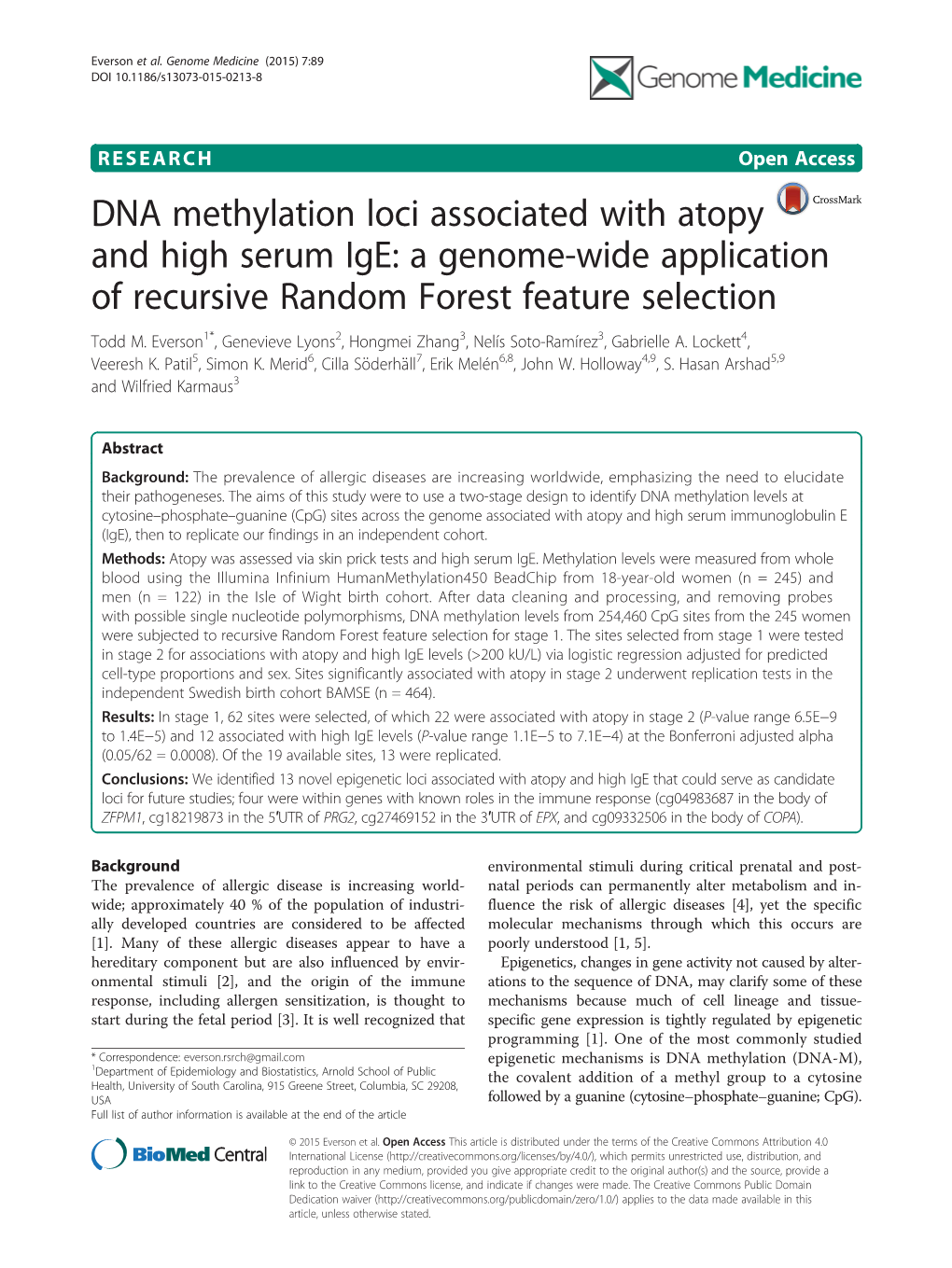 DNA Methylation Loci Associated with Atopy and High Serum Ige: a Genome-Wide Application of Recursive Random Forest Feature Selection Todd M
