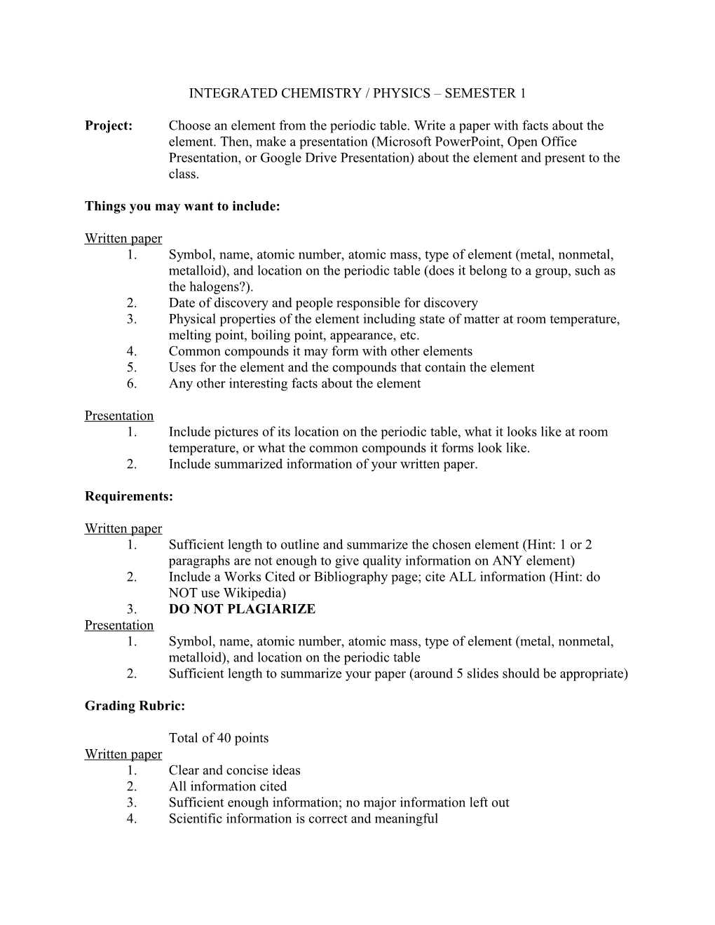 Integrated Chemistry / Physics Semester 1