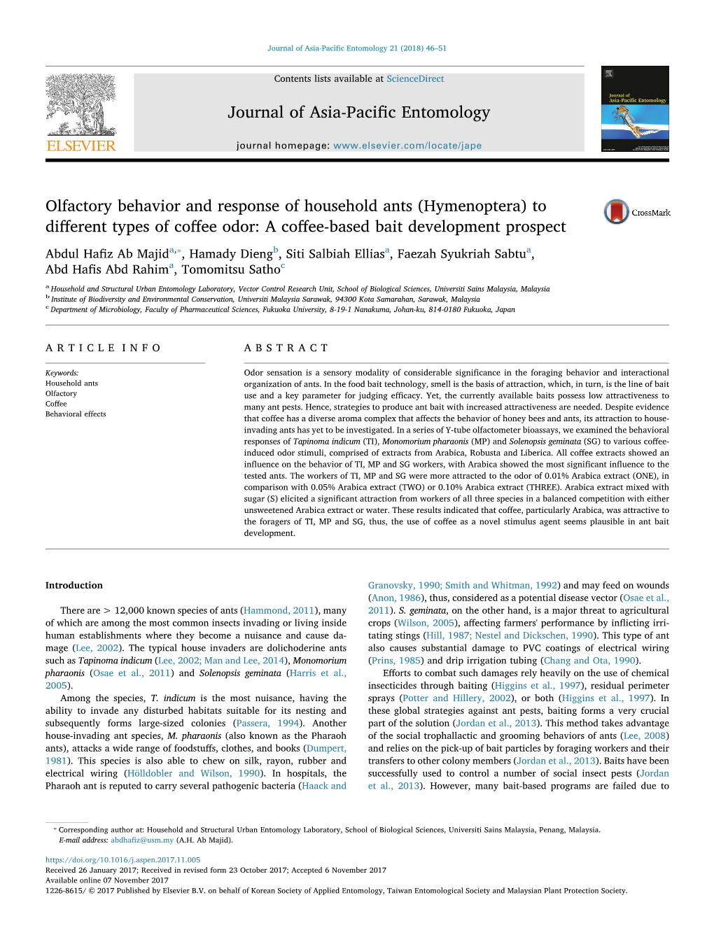 Olfactory Behavior and Response of Household Ants (Hymenoptera) To