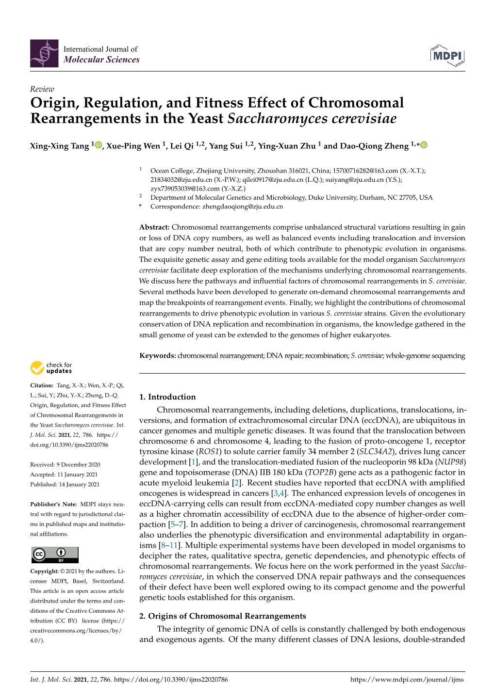 Origin, Regulation, and Fitness Effect of Chromosomal Rearrangements in the Yeast Saccharomyces Cerevisiae