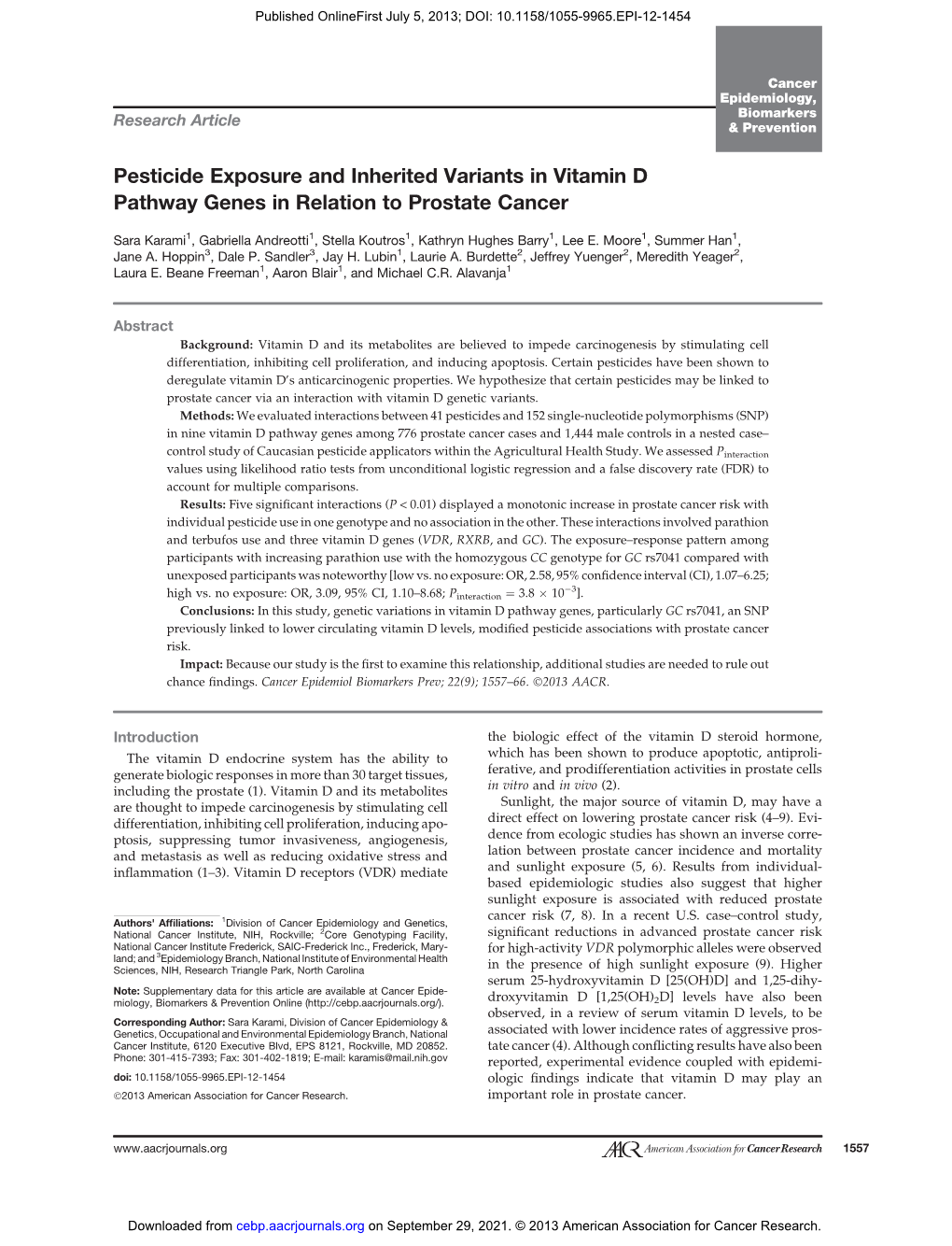 Pesticide Exposure and Inherited Variants in Vitamin D Pathway Genes in Relation to Prostate Cancer