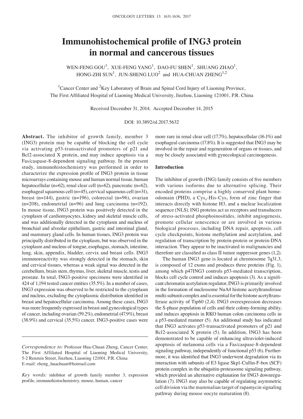 Immunohistochemical Profile of ING3 Protein in Normal and Cancerous Tissues