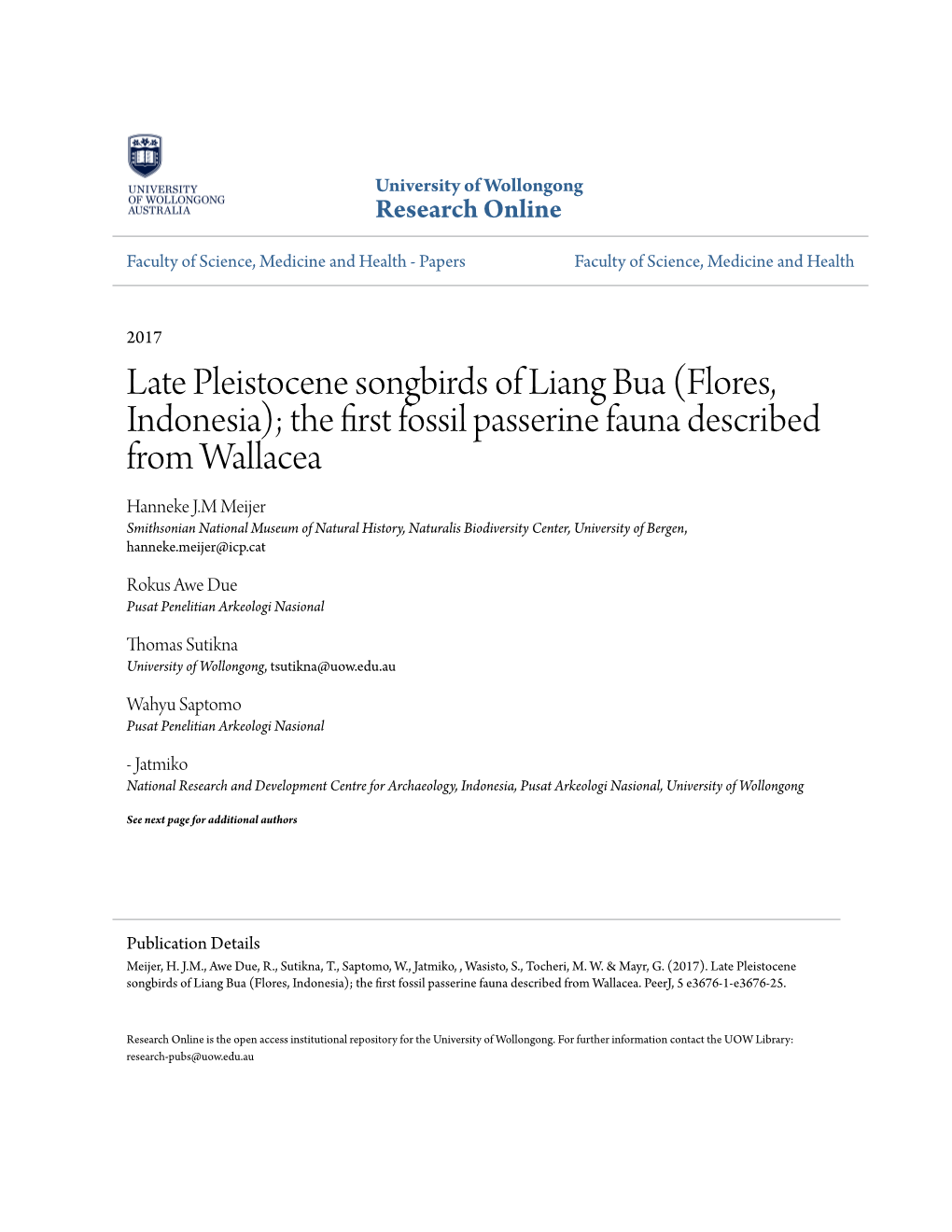 Late Pleistocene Songbirds of Liang Bua (Flores