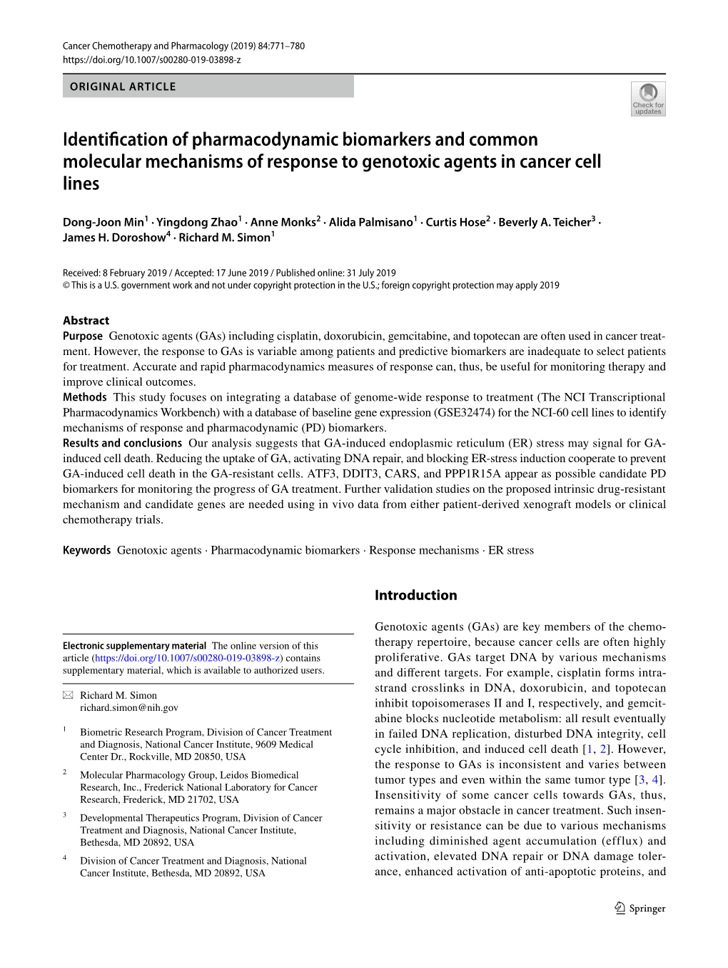 Identification of Pharmacodynamic Biomarkers and Common Molecular Mechanisms of Response to Genotoxic Agents in Cancer Cell Line