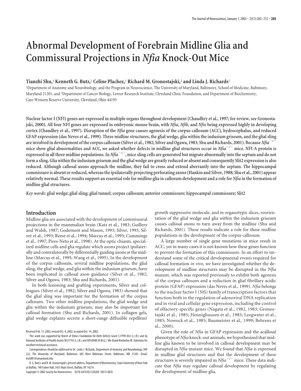 Abnormal Development of Forebrain Midline Glia and Commissural Projections Innfiaknock-Out Mice