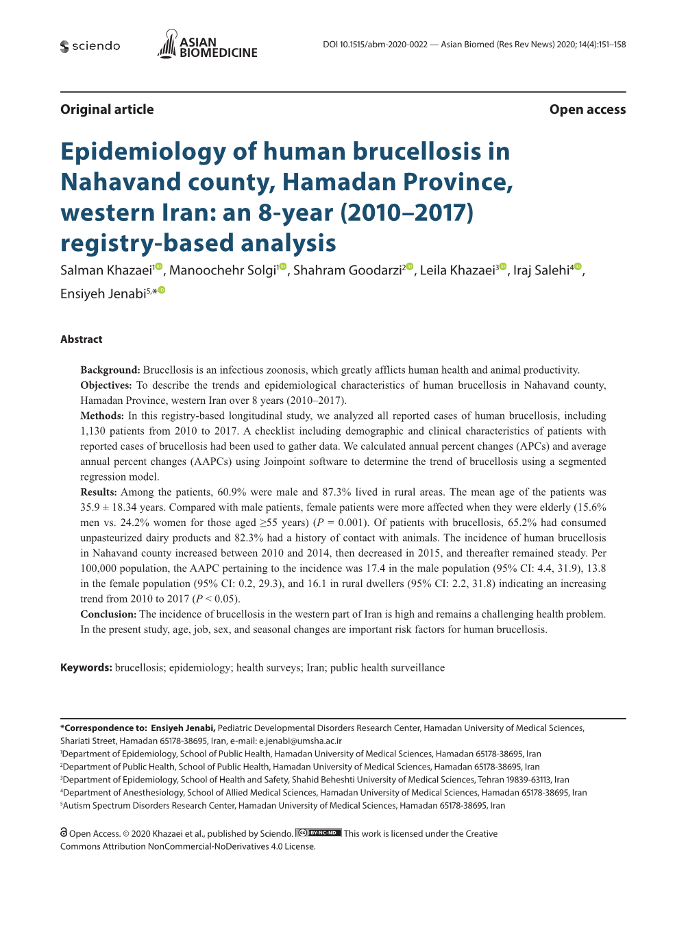 Epidemiology of Human Brucellosis in Nahavand County, Hamadan