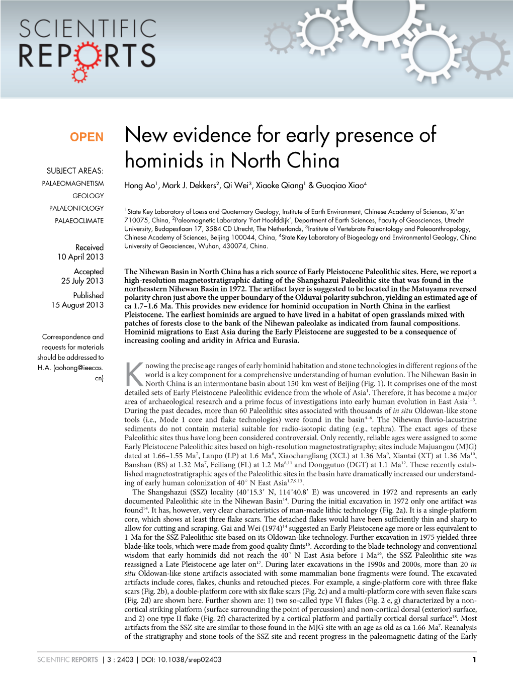 New Evidence for Early Presence of Hominids in North China
