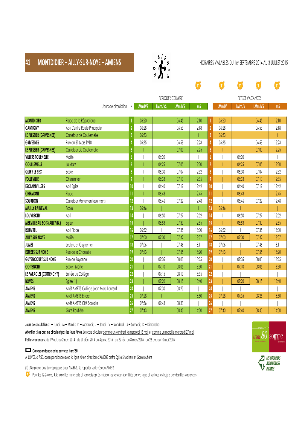 41 MONTDIDIER – AILLY-SUR-NOYE – AMIENS HORAIRES VALABLES DU 1Er SEPTEMBRE 2014 AU 3 JUILLET 2015