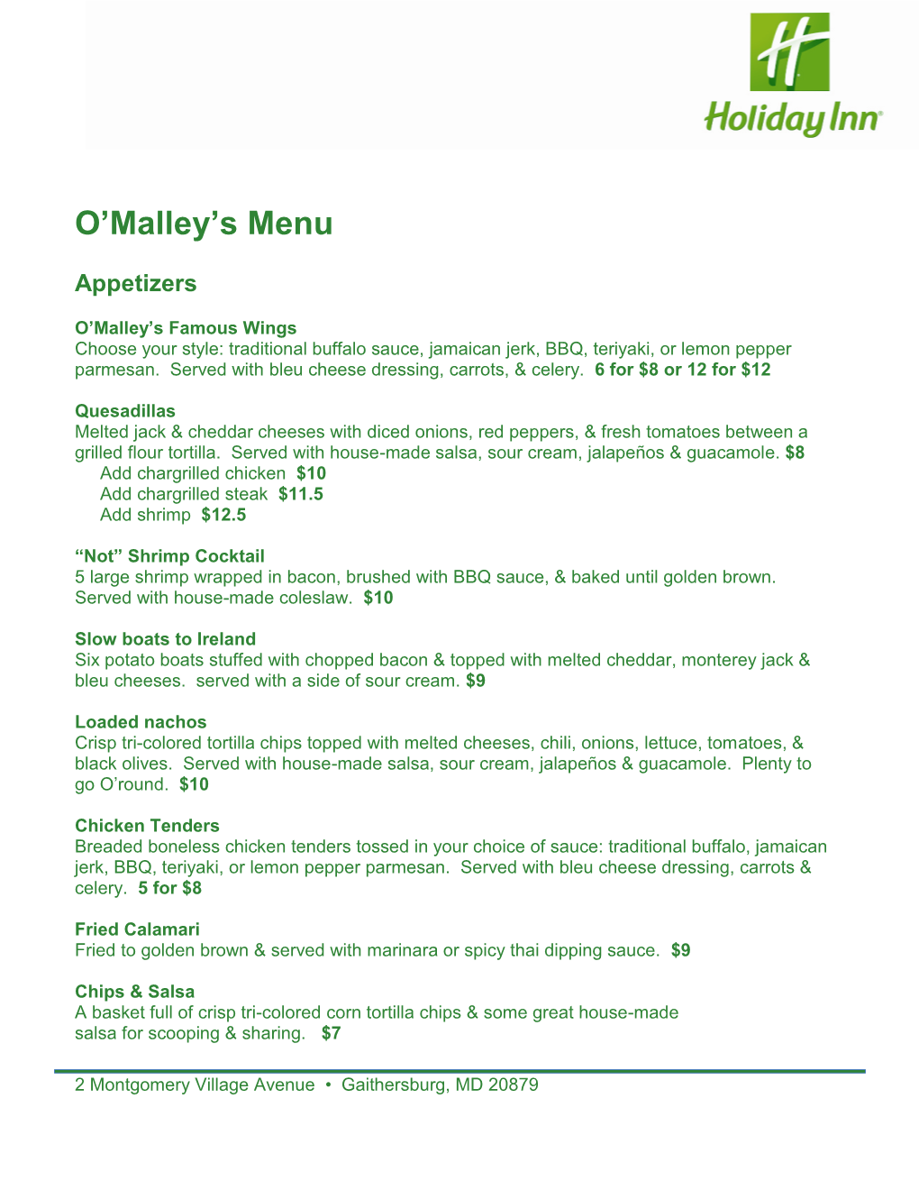 O'malley's Menu