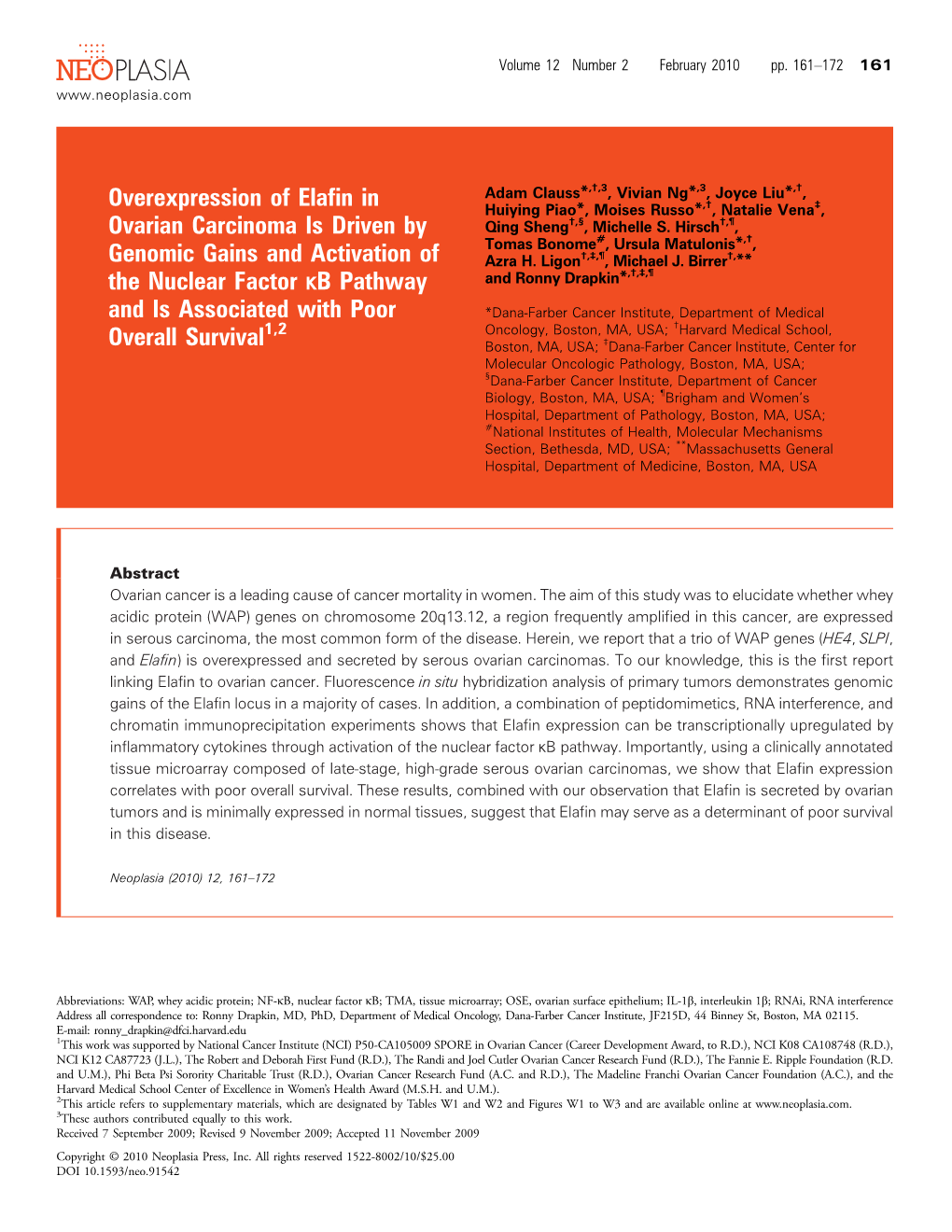 Overexpression of Elafin in Ovarian Carcinoma Is Driven by Genomic