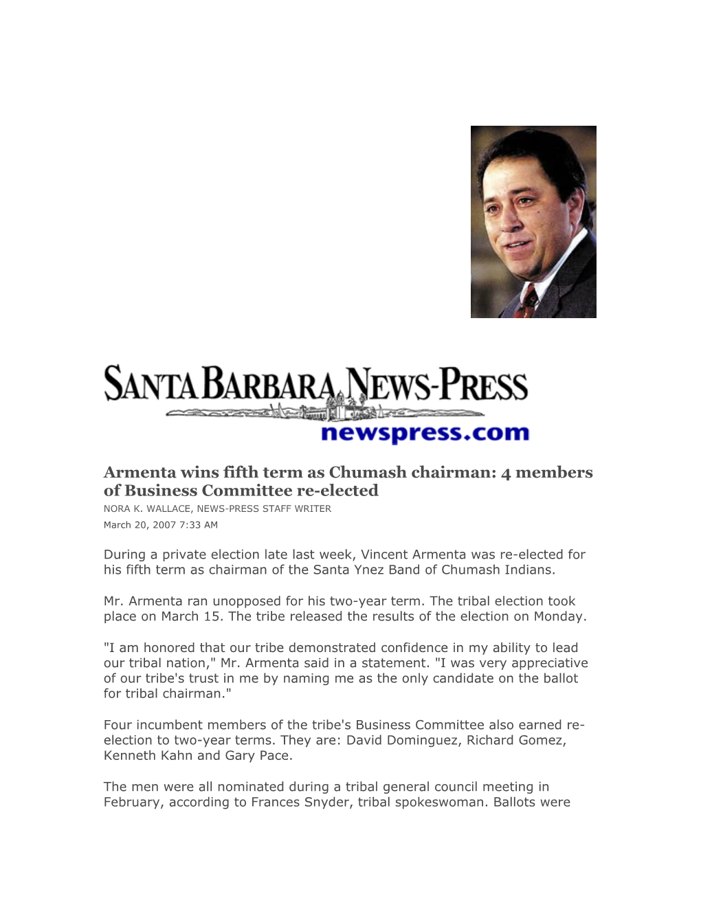 Armenta Wins Fifth Term As Chumash Chairman: 4 Members of Business Committee Re-Elected