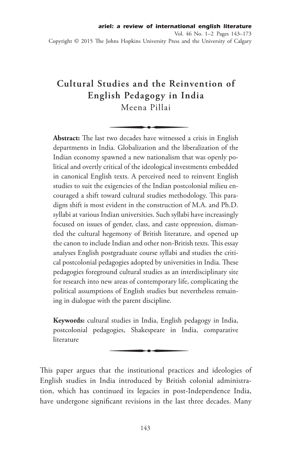 Cultural Studies and the Reinvention of English Pedagogy in India Meena Pillai