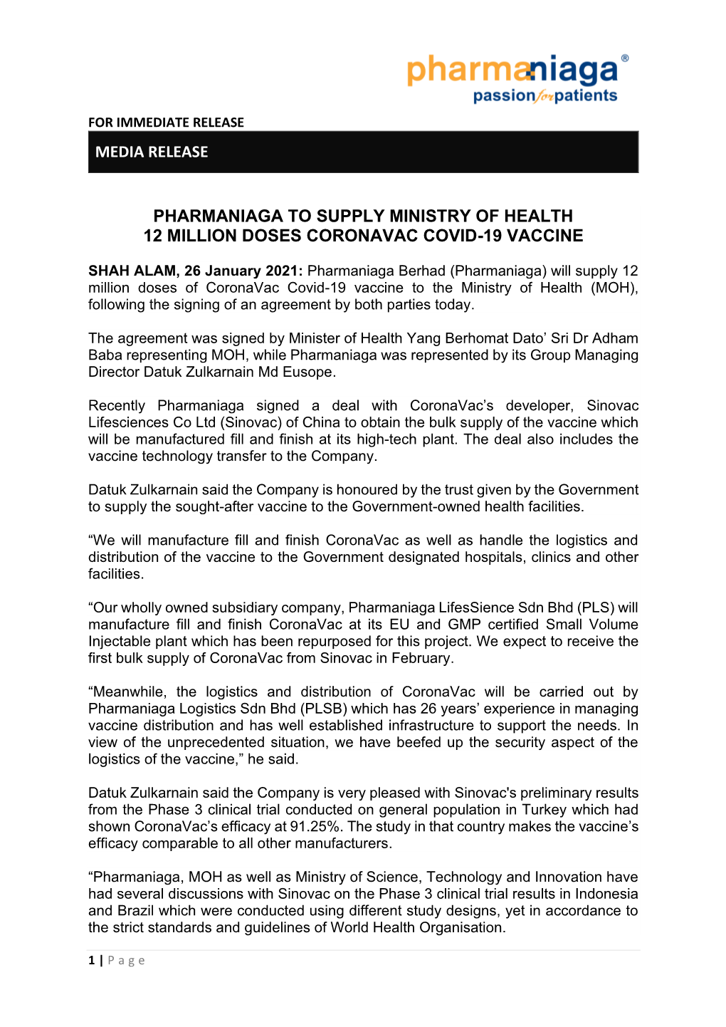 Media Release Pharmaniaga to Supply Ministry of Health