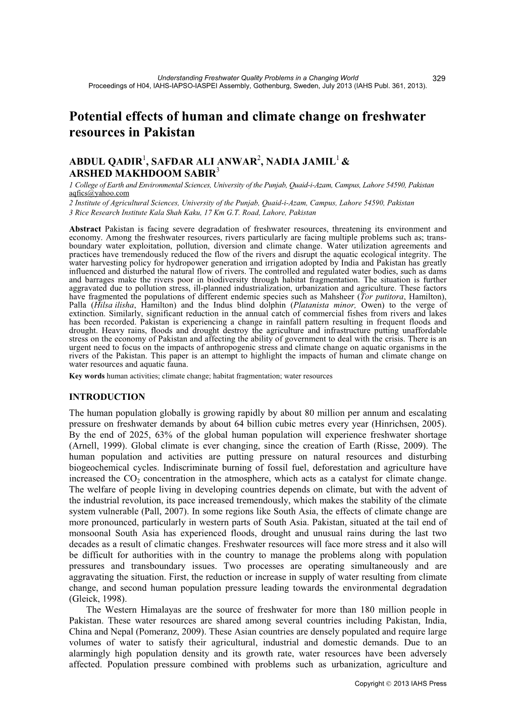 Potential Effects of Human and Climate Change on Freshwater Resources in Pakistan