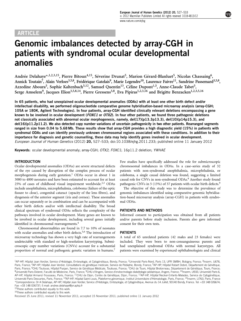 Genomic Imbalances Detected by Array-CGH in Patients with Syndromal Ocular Developmental Anomalies