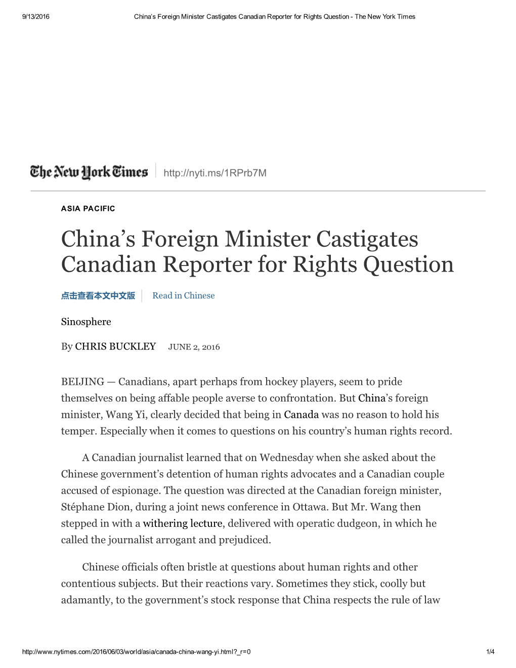 China's Foreign Minister Castigates Canadian Reporter for Rights