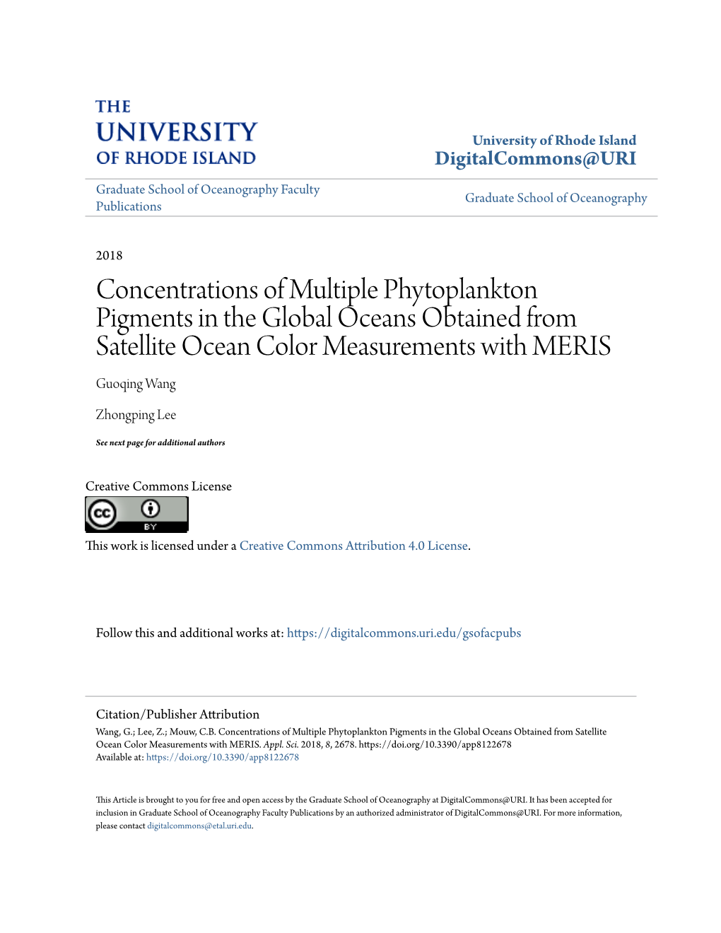 Concentrations of Multiple Phytoplankton Pigments in the Global Oceans Obtained from Satellite Ocean Color Measurements with MERIS Guoqing Wang