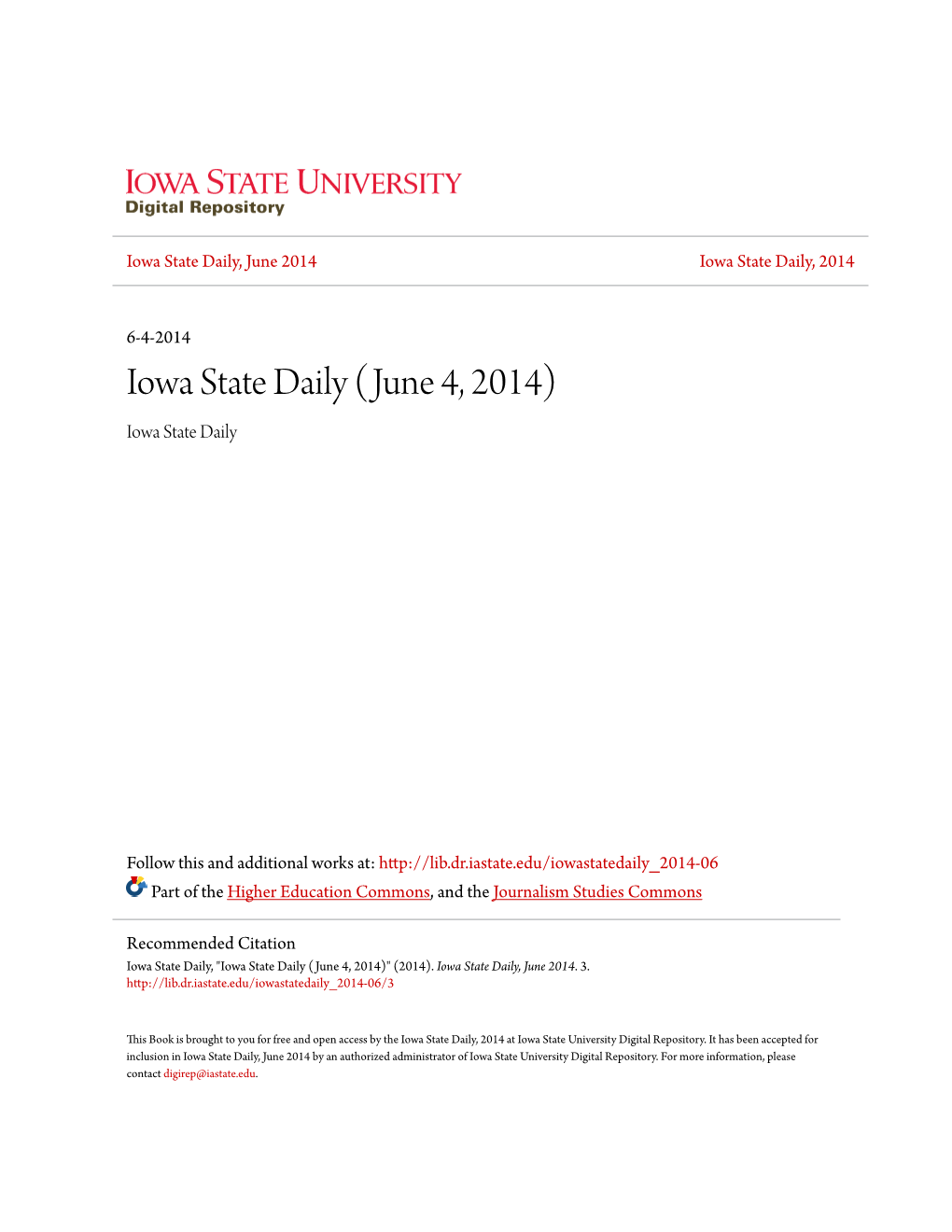 Iowa State Daily (June 4, 2014) Iowa State Daily