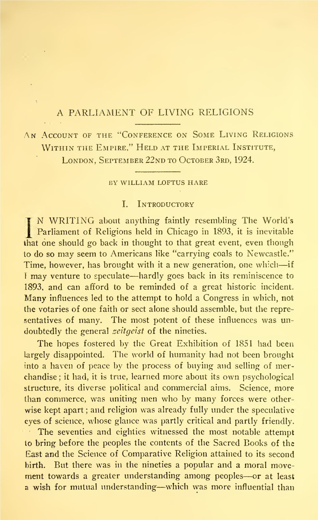 A Parliament of Living Religions, London. 1924