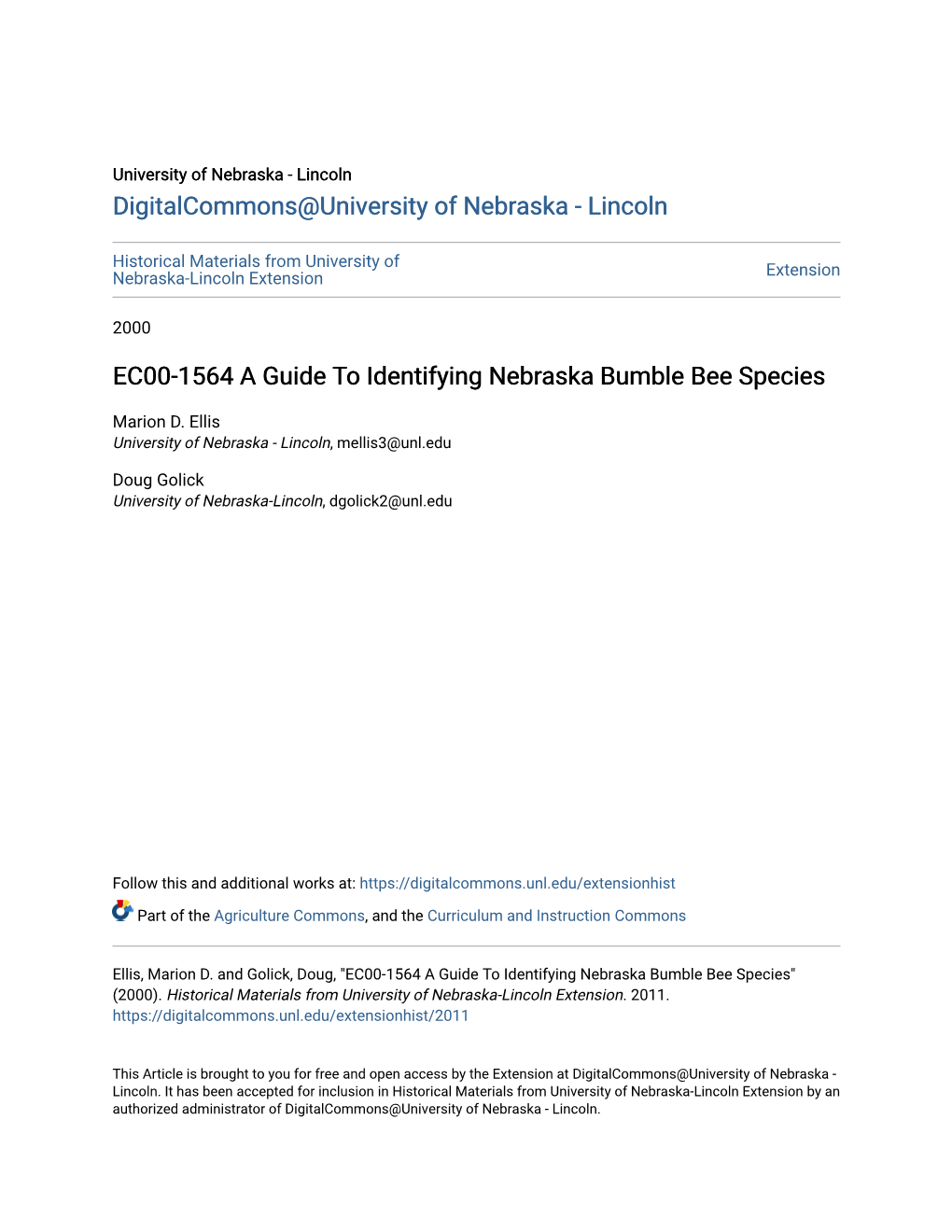 EC00-1564 a Guide to Identifying Nebraska Bumble Bee Species