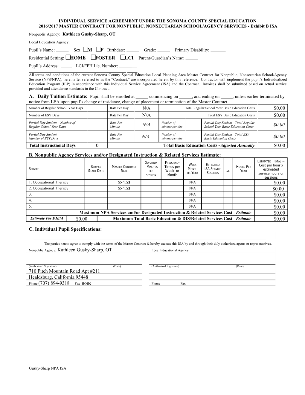 Individual Service Agreement Under the Sonoma County Special Education s1