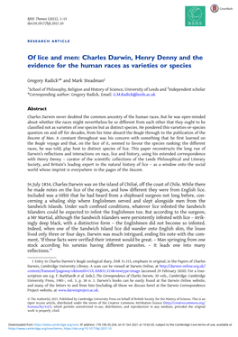 Of Lice and Men: Charles Darwin, Henry Denny and the Evidence for the Human Races As Varieties Or Species