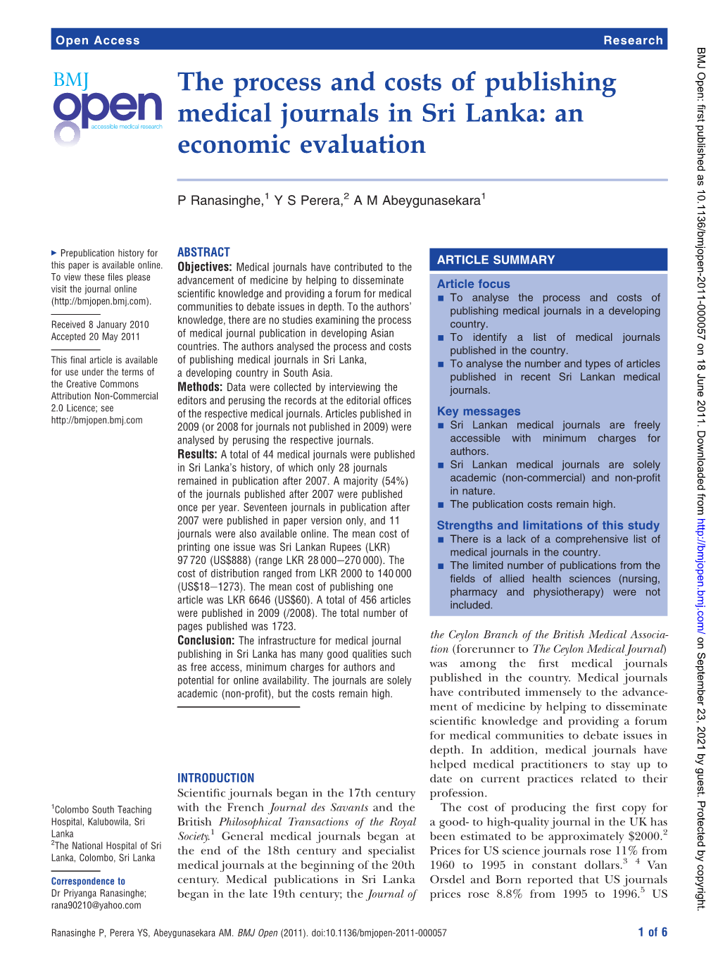 The Process and Costs of Publishing Medical Journals in Sri