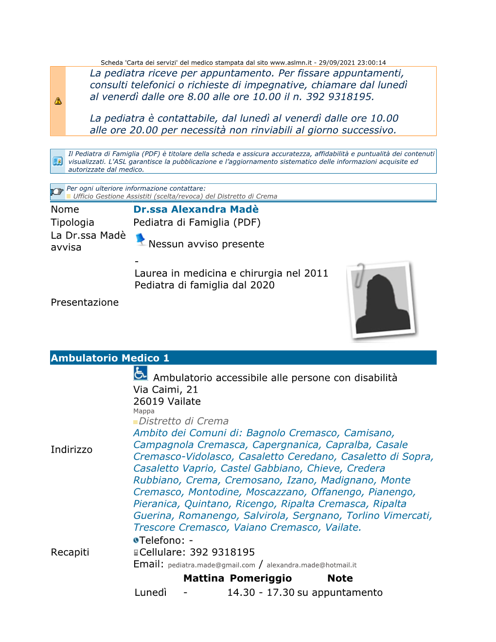 ATS Val Padana / > TROVA > Medici Di Famiglia (MMG/Pdf) > Scheda Medico