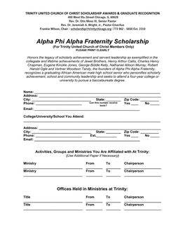 Alpha Phi Alpha Fraternity Scholarship (For Trinity United Church of Christ Members Only) PLEASE PRINT CLEARLY