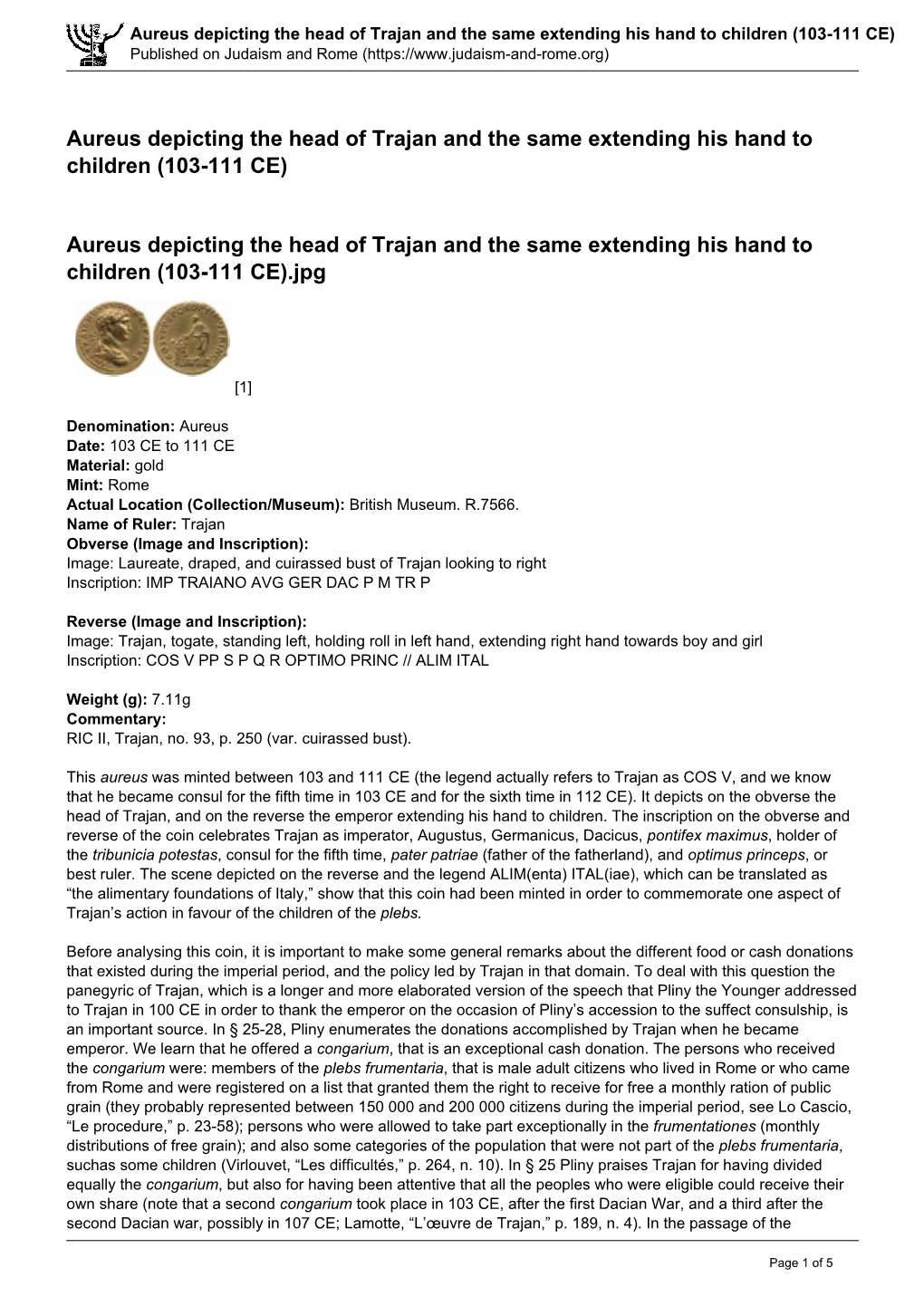 Aureus Depicting the Head of Trajan and the Same Extending His Hand to Children (103-111 CE) Published on Judaism and Rome (