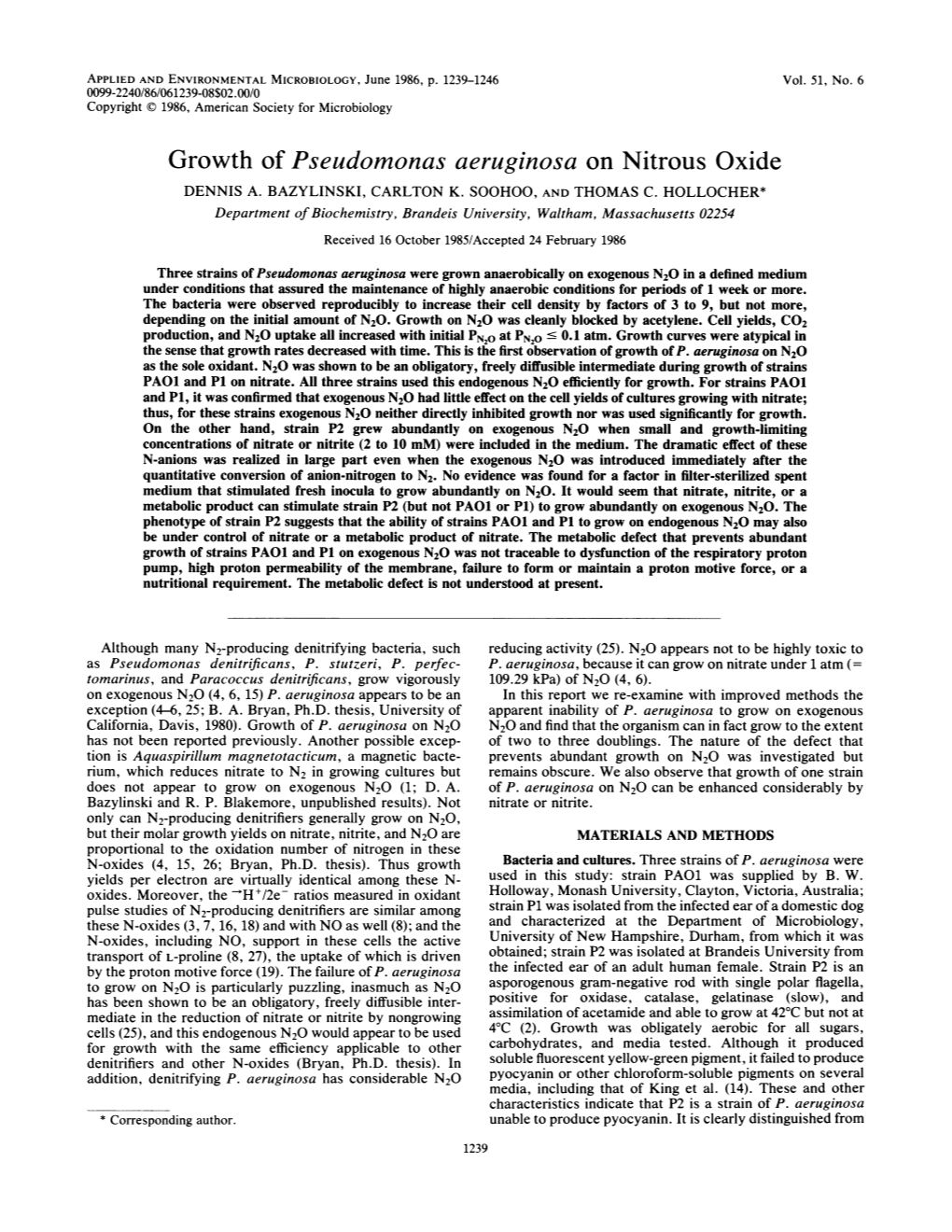 Growth of Pseudomonas Aeruginosa on Nitrous Oxide DENNIS A