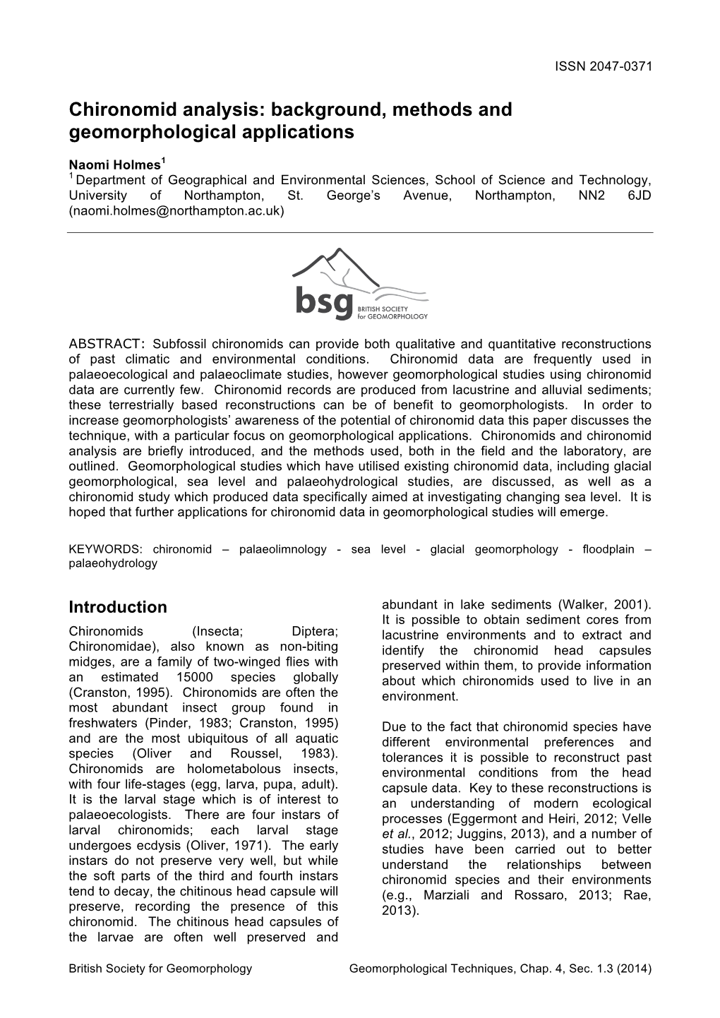 Chironomid Analysis: Background, Methods and Geomorphological Applications