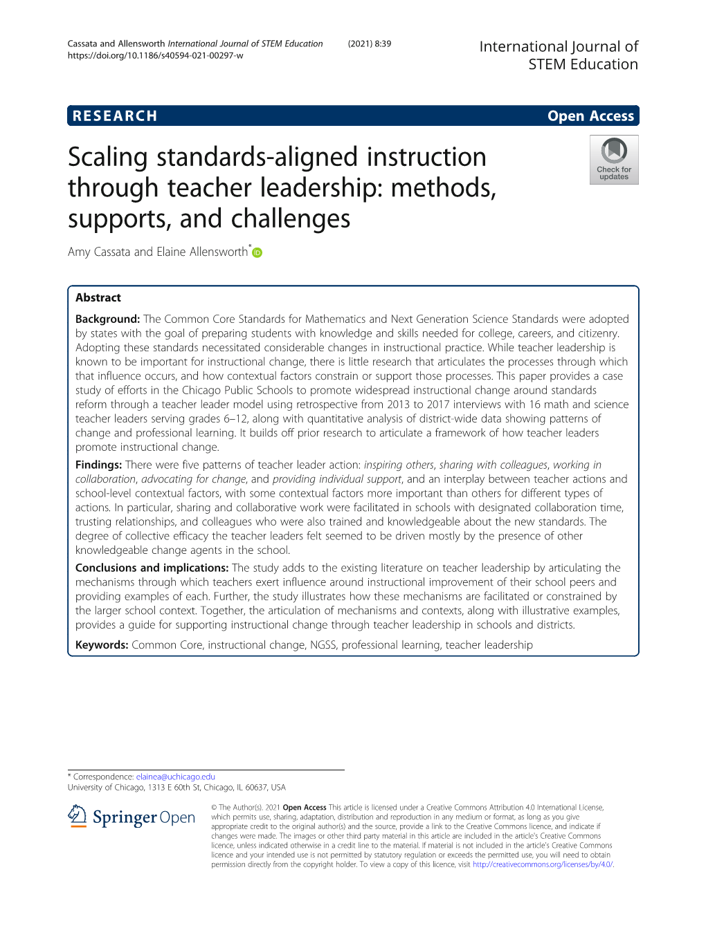 Scaling Standards-Aligned Instruction Through Teacher Leadership: Methods, Supports, and Challenges Amy Cassata and Elaine Allensworth*