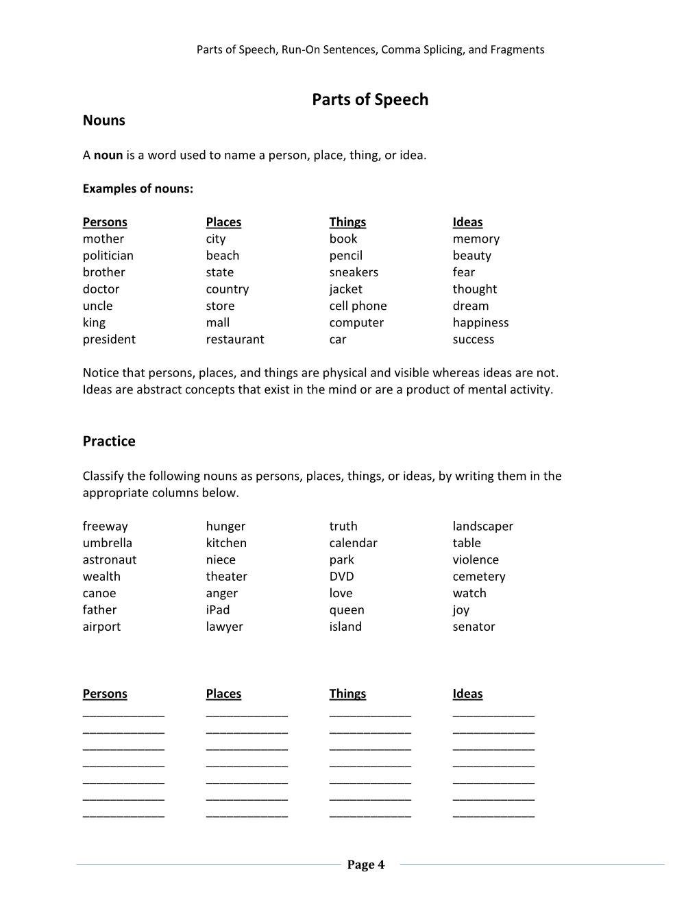 Parts of Speech, Run-On Sentences, Comma Splicing, and Fragments