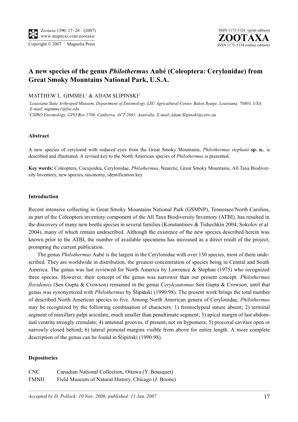 Zootaxa 1390: 17–20 (2007) ISSN 1175-5326 (Print Edition) ZOOTAXA Copyright © 2007 · Magnolia Press ISSN 1175-5334 (Online Edition)